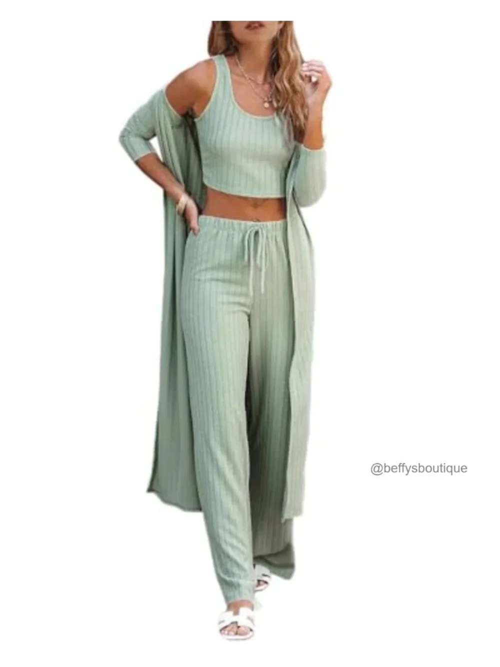 3 Piece Lounge Pajama Set Vest Top Wide Leg Pants Long Cardigan Travel Matching